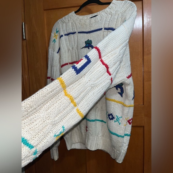 Woolrich Vintage Cable Knit Sweater Multi Color Applique Men’s Size Large - Picture 2 of 4